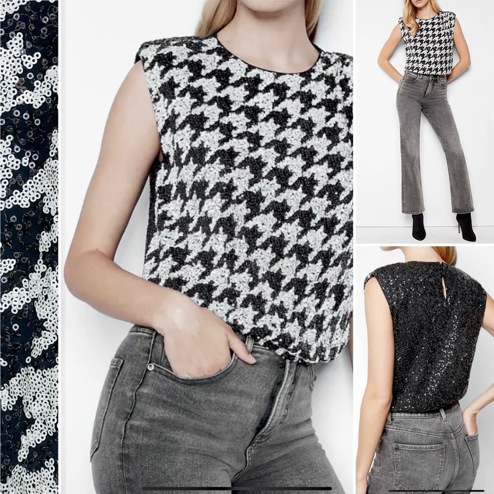 EXPRESS Houndstooth Sequin Embellished Top Crop Cap Sleeve Elasticized Waist